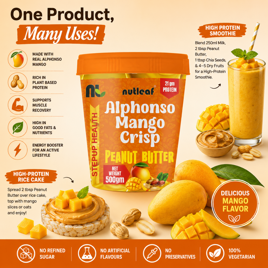 Nutleaf Alphonso Mango Crunchy Peanut Butter used on toast, sandwiches, smoothies, fruits, protein shakes, breakfast meals, and healthy snacks