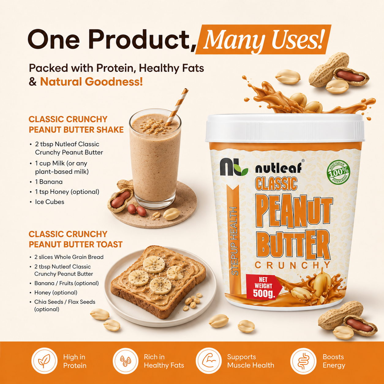 Nutleaf Classic Crunchy Peanut Butter | High Protein Peanut Butter Spread | Made with Roasted Peanuts | Crunchy Texture